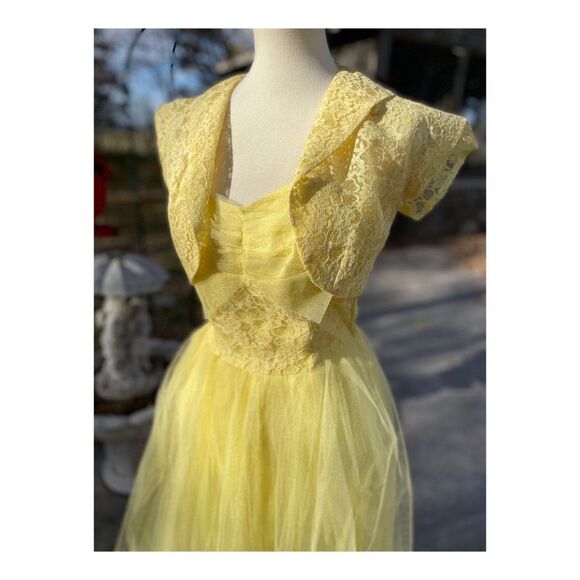 1950s Yellow Formal Dress Matching Bolero Lace Tulle Prom Wedding - Picture 10 of 16